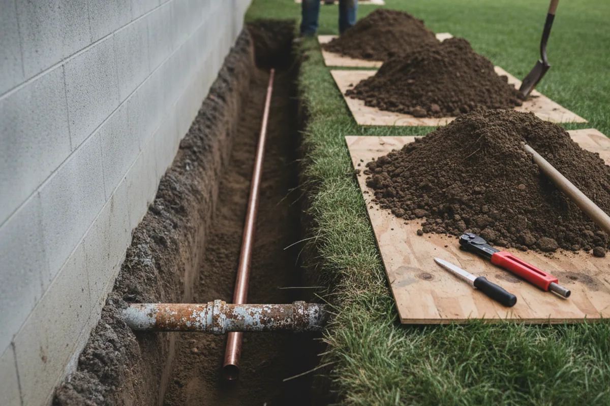 Excavated water line trench during Water Heater Repair in Gaylordsville